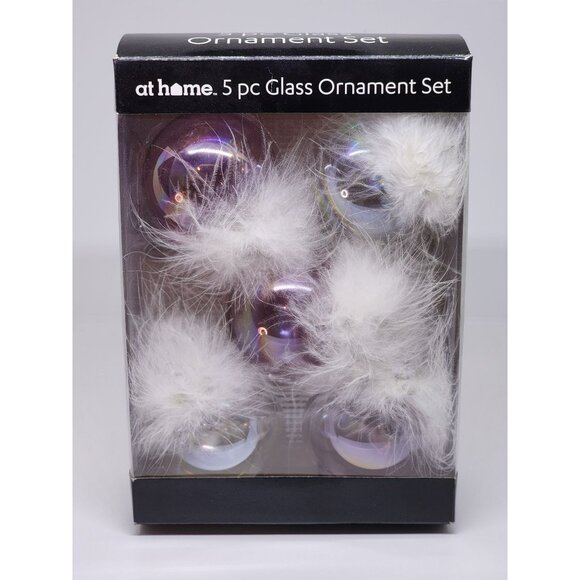 NIB At Home 5 Pc Glass Ornament Set With Faux Fur Accents Pink White - Picture 1 of 3